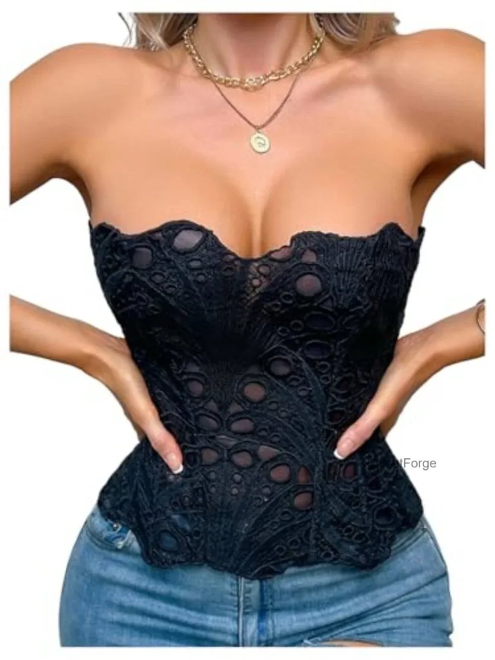 Sheer Floral Lace Hollow Out Cropped Camisole Top Strapless Corset Bustier